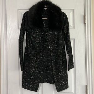 Sioni black sweater with silver sparkles and removable faux fur collar size M